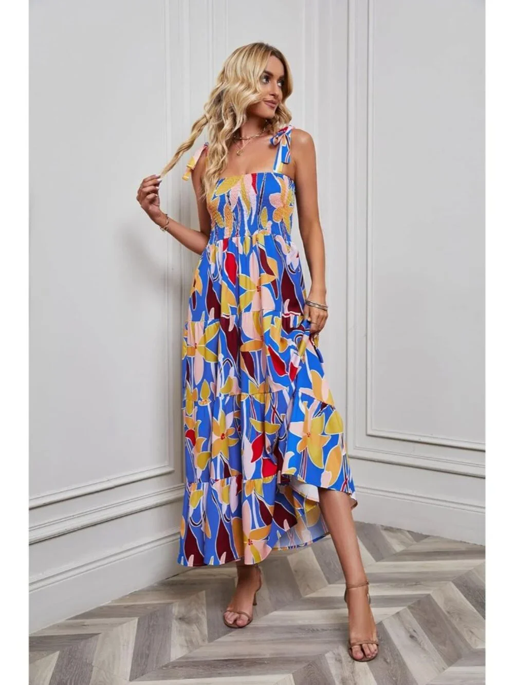 Women's Blue Yellow Sleeveless Square Neck Ruffle Casual Imported Maxi Dress - Picture 4 of 6